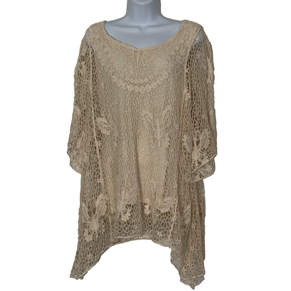 Cristina V Blouse Womens Large Ivory Crochet Lace Long Sleeve Ruffle Top